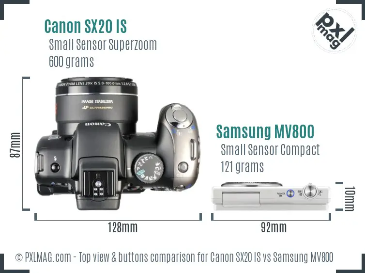 Canon SX20 IS vs Samsung MV800 top view buttons comparison