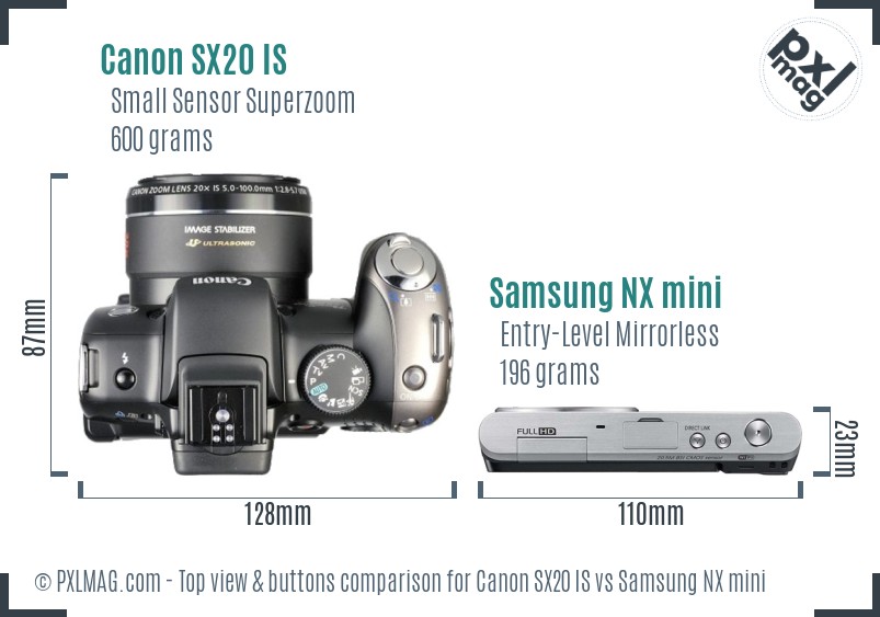 Canon SX20 IS vs Samsung NX mini top view buttons comparison