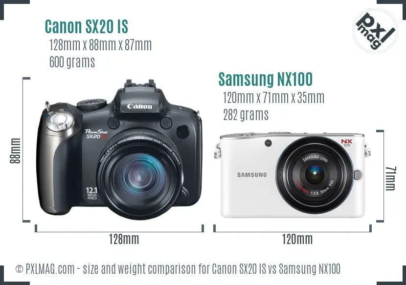 Canon SX20 IS vs Samsung NX100 size comparison