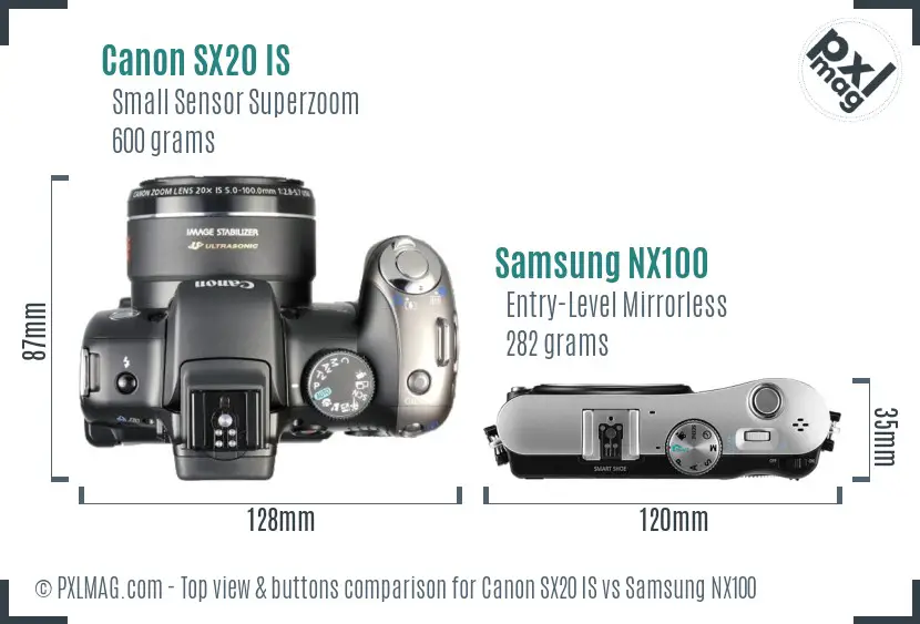 Canon SX20 IS vs Samsung NX100 top view buttons comparison