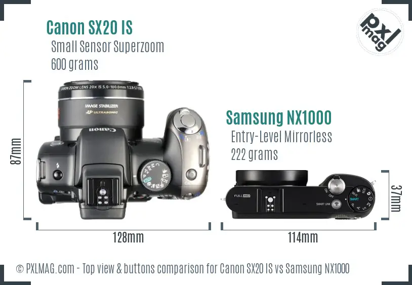 Canon SX20 IS vs Samsung NX1000 top view buttons comparison