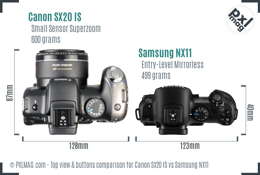 Canon SX20 IS vs Samsung NX11 top view buttons comparison