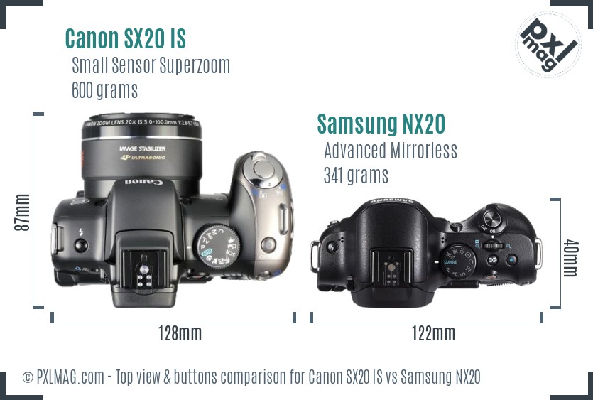 Canon SX20 IS vs Samsung NX20 top view buttons comparison