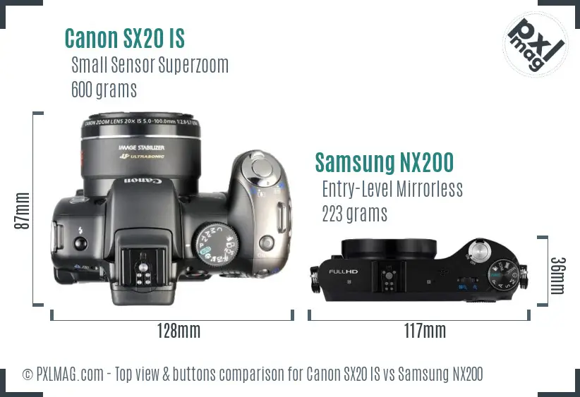 Canon SX20 IS vs Samsung NX200 top view buttons comparison Canon SX20 IS vs Samsung NX200 top view buttons comparison