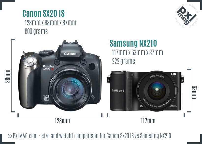 Canon SX20 IS vs Samsung NX210 size comparison