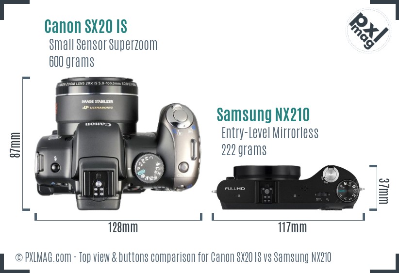 Canon SX20 IS vs Samsung NX210 top view buttons comparison