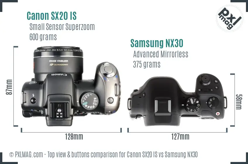 Canon SX20 IS vs Samsung NX30 top view buttons comparison
