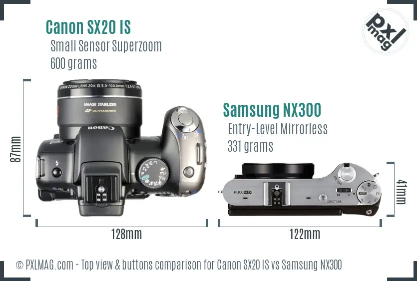 Canon SX20 IS vs Samsung NX300 top view buttons comparison