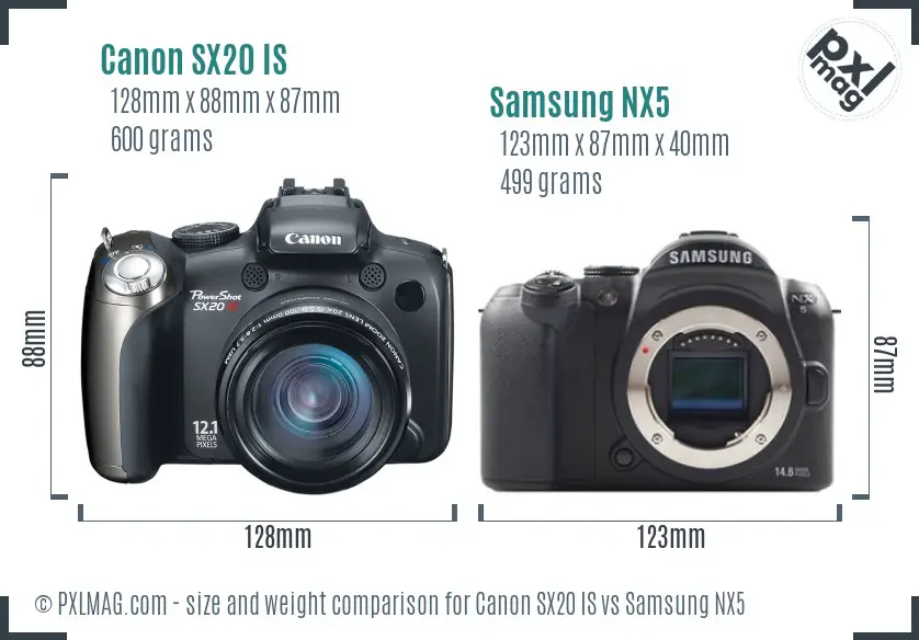 Canon SX20 IS vs Samsung NX5 size comparison