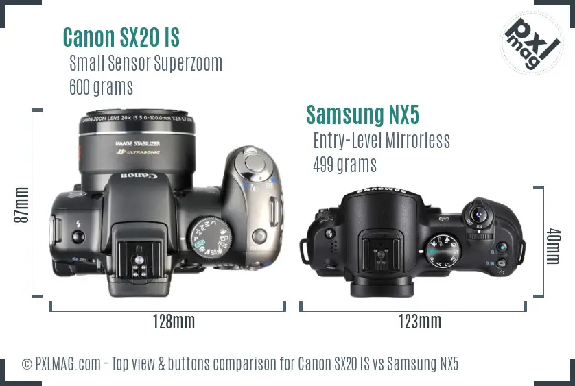 Canon SX20 IS vs Samsung NX5 top view buttons comparison