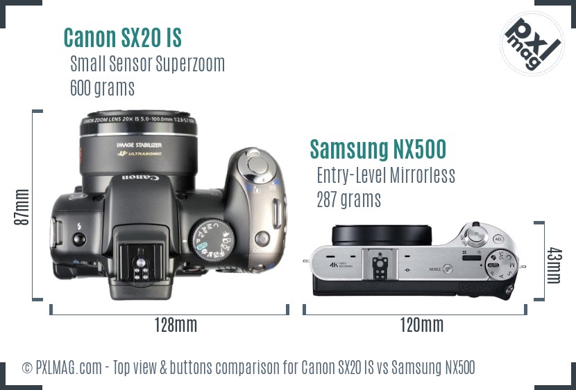 Canon SX20 IS vs Samsung NX500 top view buttons comparison