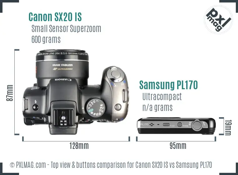 Canon SX20 IS vs Samsung PL170 top view buttons comparison Canon SX20 IS vs Samsung PL170 top view buttons comparison