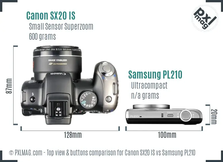 Canon SX20 IS vs Samsung PL210 top view buttons comparison Canon SX20 IS vs Samsung PL210 top view buttons comparison