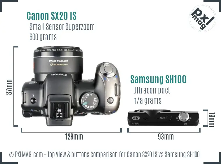 Canon SX20 IS vs Samsung SH100 top view buttons comparison Canon SX20 IS vs Samsung SH100 top view buttons comparison