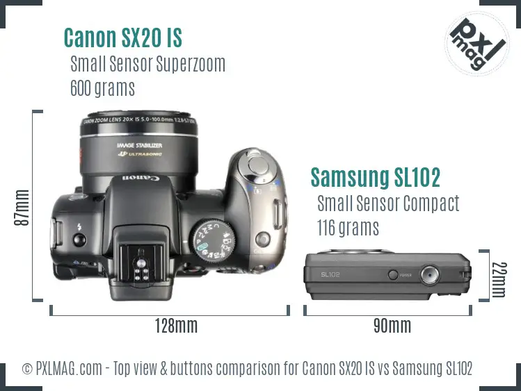Canon SX20 IS vs Samsung SL102 top view buttons comparison Canon SX20 IS vs Samsung SL102 top view buttons comparison