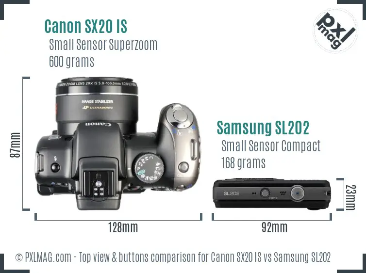 Canon SX20 IS vs Samsung SL202 top view buttons comparison