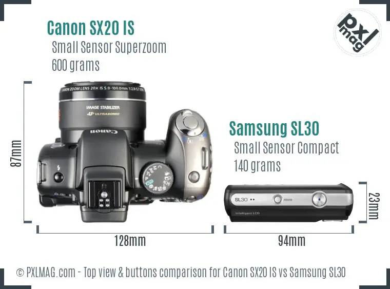 Canon SX20 IS vs Samsung SL30 top view buttons comparison
