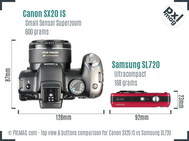Canon SX20 IS vs Samsung SL720 top view buttons comparison