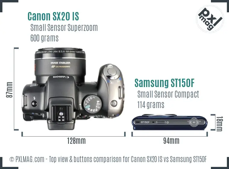 Canon SX20 IS vs Samsung ST150F top view buttons comparison Canon SX20 IS vs Samsung ST150F top view buttons comparison