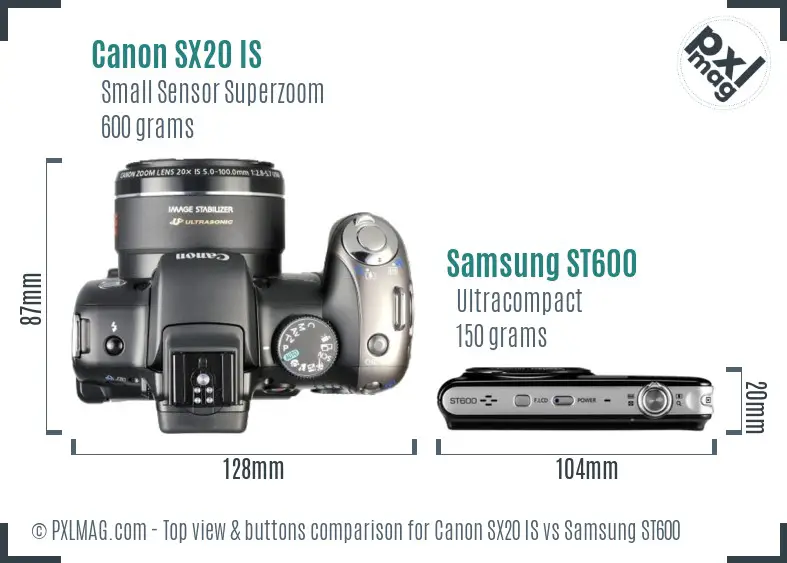 Canon SX20 IS vs Samsung ST600 top view buttons comparison