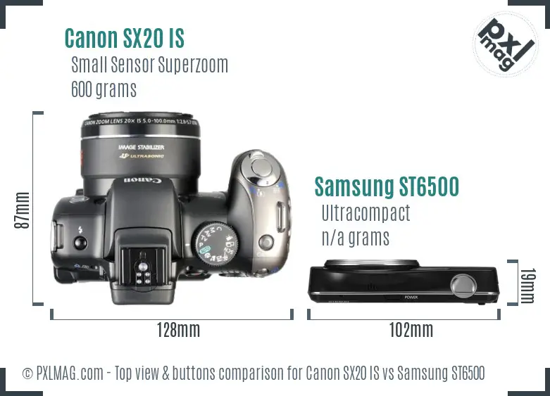Canon SX20 IS vs Samsung ST6500 top view buttons comparison Canon SX20 IS vs Samsung ST6500 top view buttons comparison