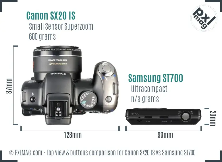 Canon SX20 IS vs Samsung ST700 top view buttons comparison