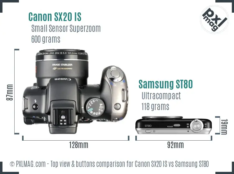 Canon SX20 IS vs Samsung ST80 top view buttons comparison