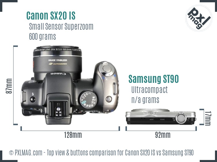 Canon SX20 IS vs Samsung ST90 top view buttons comparison