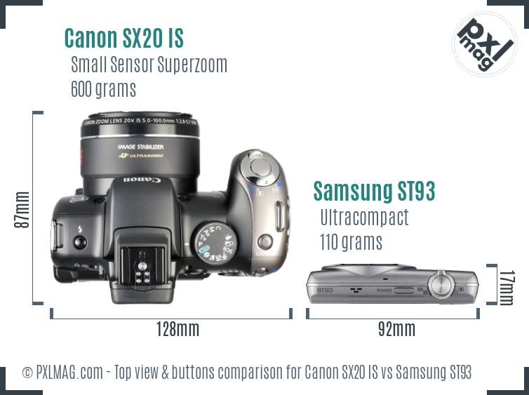 Canon SX20 IS vs Samsung ST93 top view buttons comparison