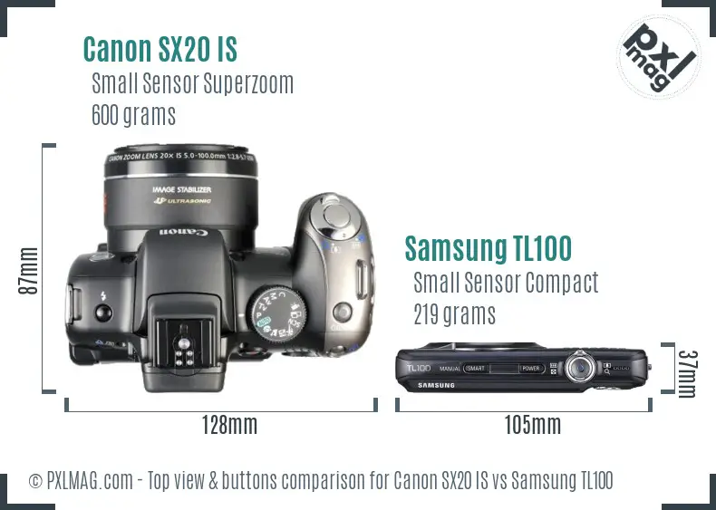 Canon SX20 IS vs Samsung TL100 top view buttons comparison