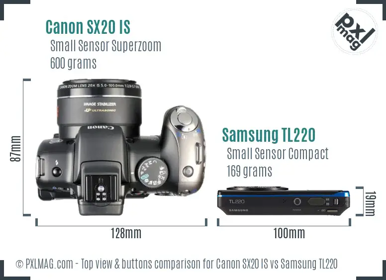 Canon SX20 IS vs Samsung TL220 top view buttons comparison