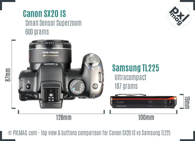 Canon SX20 IS vs Samsung TL225 top view buttons comparison