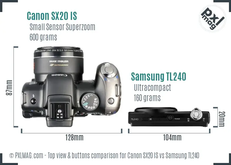 Canon SX20 IS vs Samsung TL240 top view buttons comparison