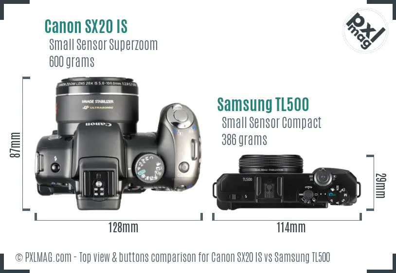 Canon SX20 IS vs Samsung TL500 top view buttons comparison