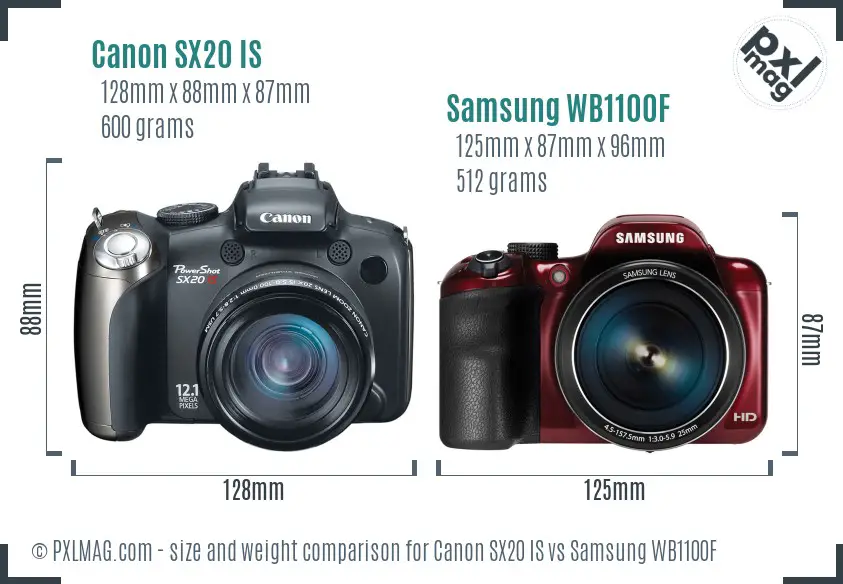 Canon SX20 IS vs Samsung WB1100F size comparison