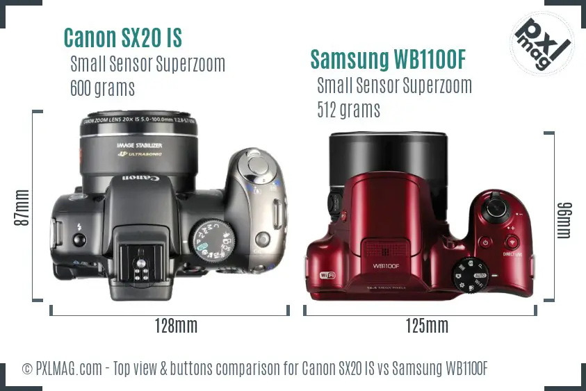 Canon SX20 IS vs Samsung WB1100F top view buttons comparison