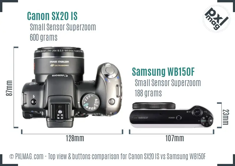 Canon SX20 IS vs Samsung WB150F top view buttons comparison