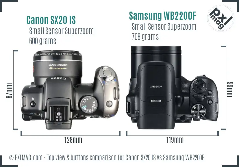 Canon SX20 IS vs Samsung WB2200F top view buttons comparison