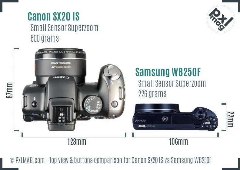 Canon SX20 IS vs Samsung WB250F top view buttons comparison