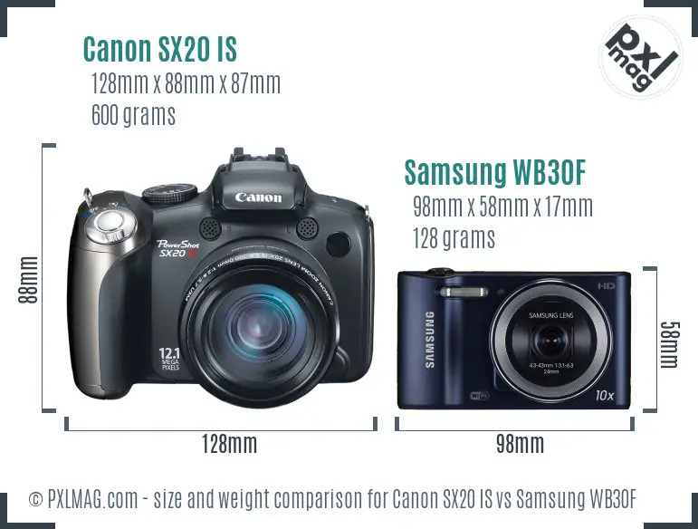 Canon SX20 IS vs Samsung WB30F size comparison