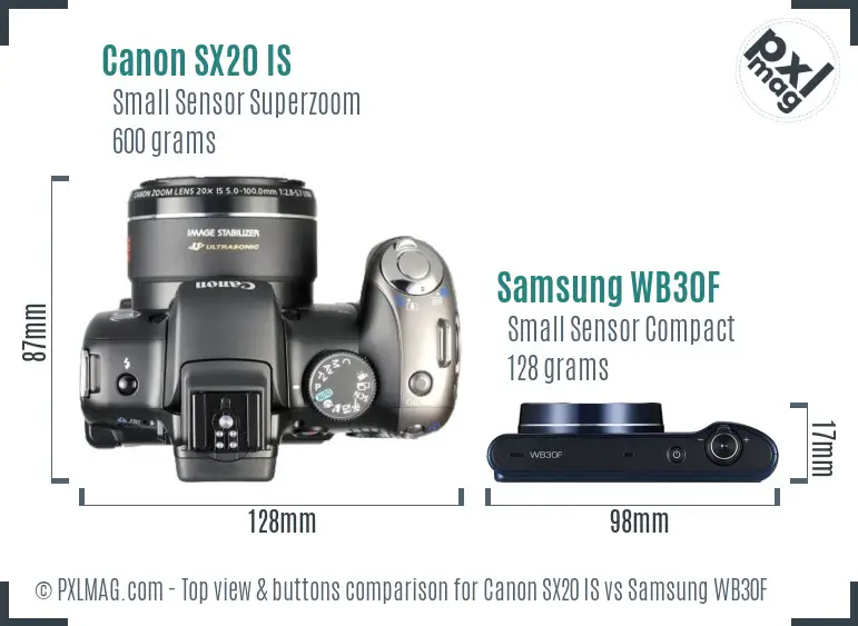 Canon SX20 IS vs Samsung WB30F top view buttons comparison