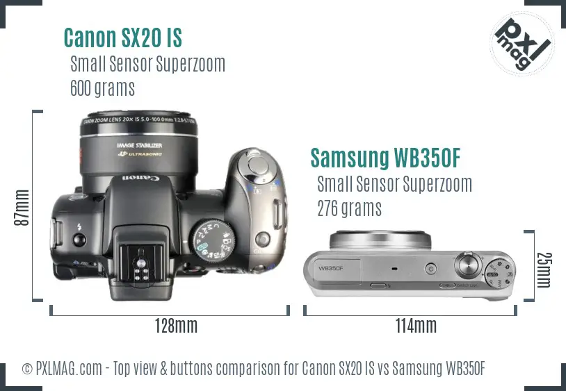 Canon SX20 IS vs Samsung WB350F top view buttons comparison
