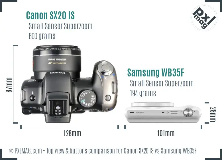Canon SX20 IS vs Samsung WB35F top view buttons comparison