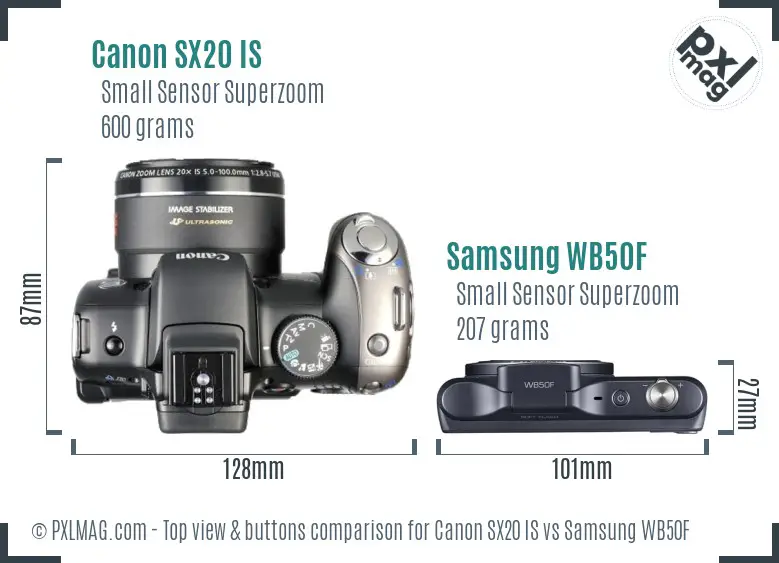 Canon SX20 IS vs Samsung WB50F top view buttons comparison Canon SX20 IS vs Samsung WB50F top view buttons comparison