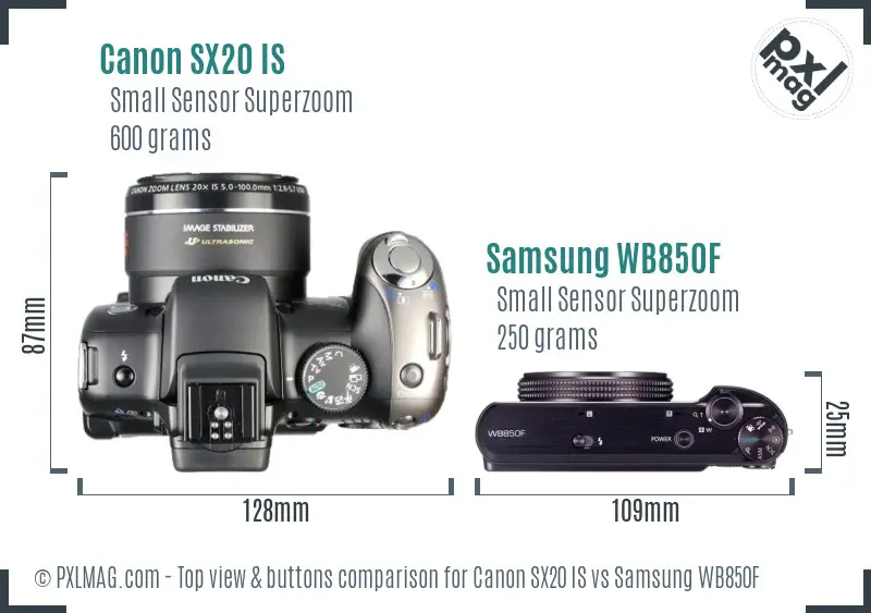 Canon SX20 IS vs Samsung WB850F top view buttons comparison Canon SX20 IS vs Samsung WB850F top view buttons comparison
