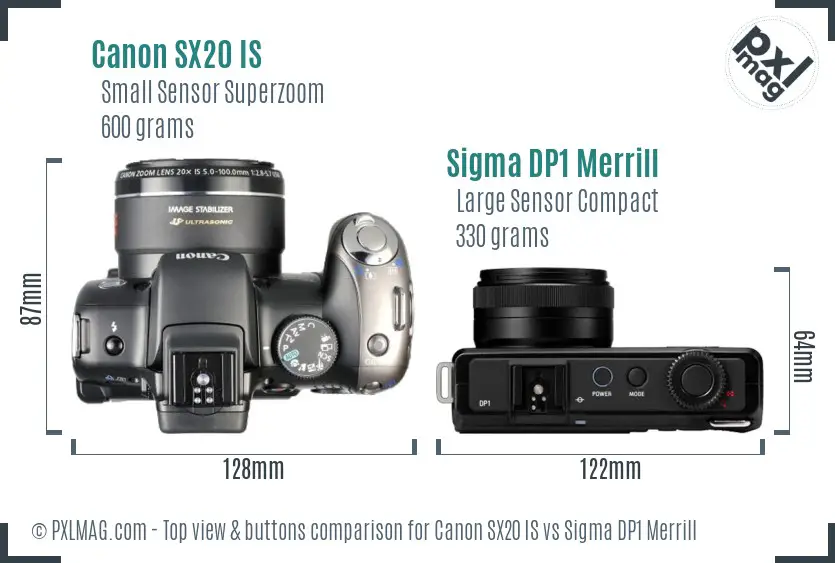 Canon SX20 IS vs Sigma DP1 Merrill top view buttons comparison Canon SX20 IS vs Sigma DP1 Merrill top view buttons comparison