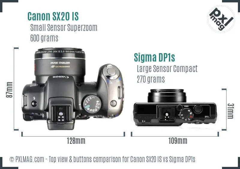 Canon SX20 IS vs Sigma DP1s top view buttons comparison Canon SX20 IS vs Sigma DP1s top view buttons comparison