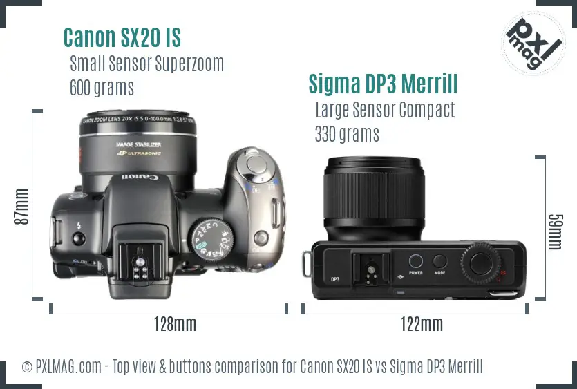 Canon SX20 IS vs Sigma DP3 Merrill top view buttons comparison