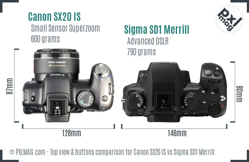 Canon SX20 IS vs Sigma SD1 Merrill top view buttons comparison Canon SX20 IS vs Sigma SD1 Merrill top view buttons comparison