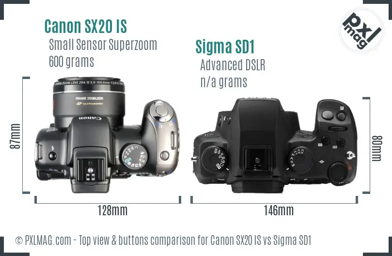 Canon SX20 IS vs Sigma SD1 top view buttons comparison